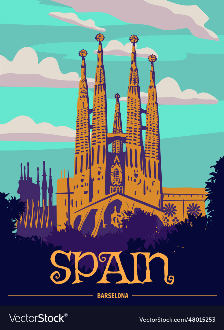 Travel poster spain barcelona vintage sagrada Vector Image