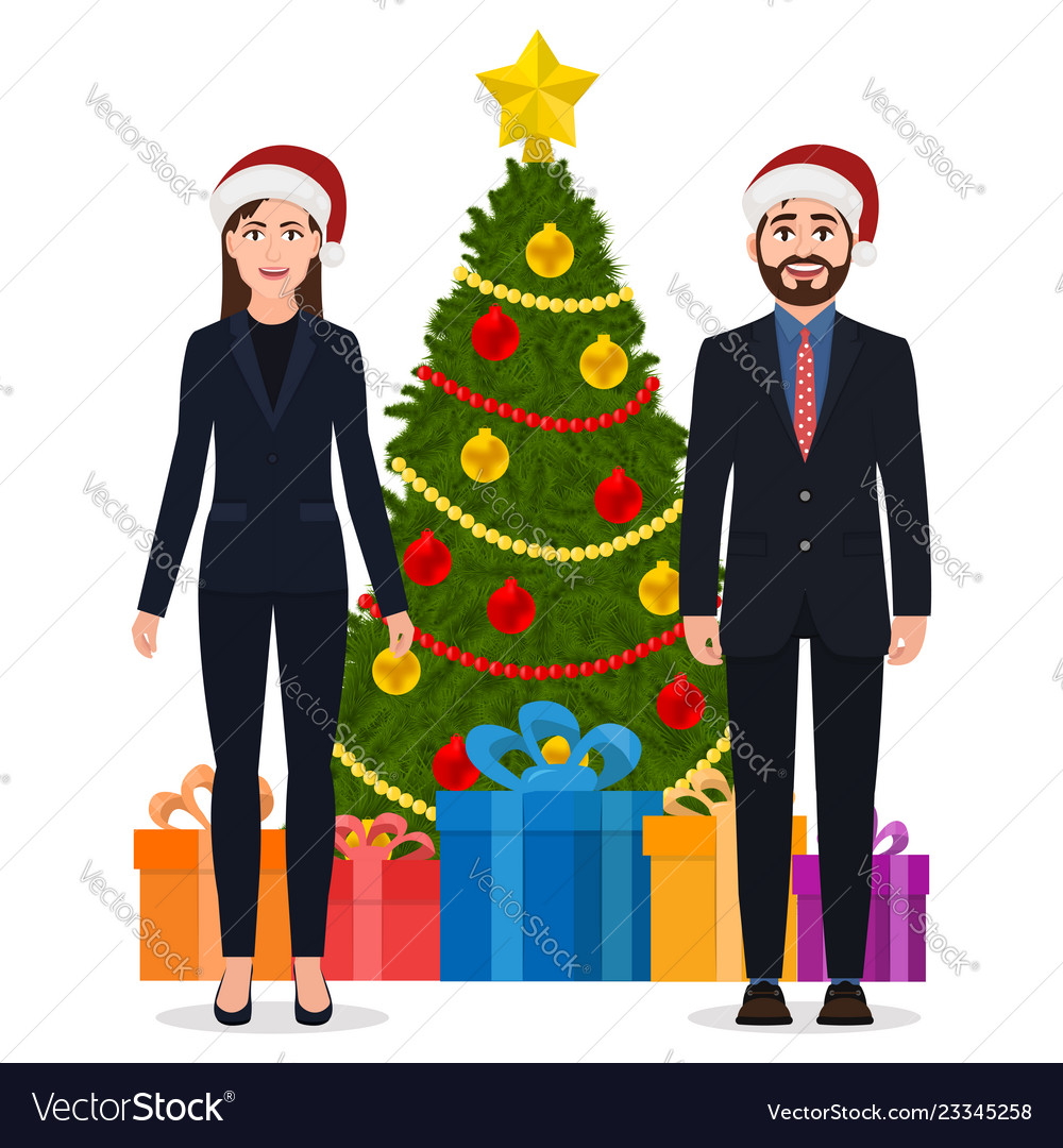 A man and woman in suit christmas hats