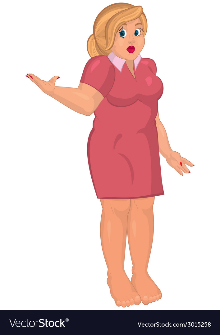 Cartoon young fat woman in pink dress barefoot one