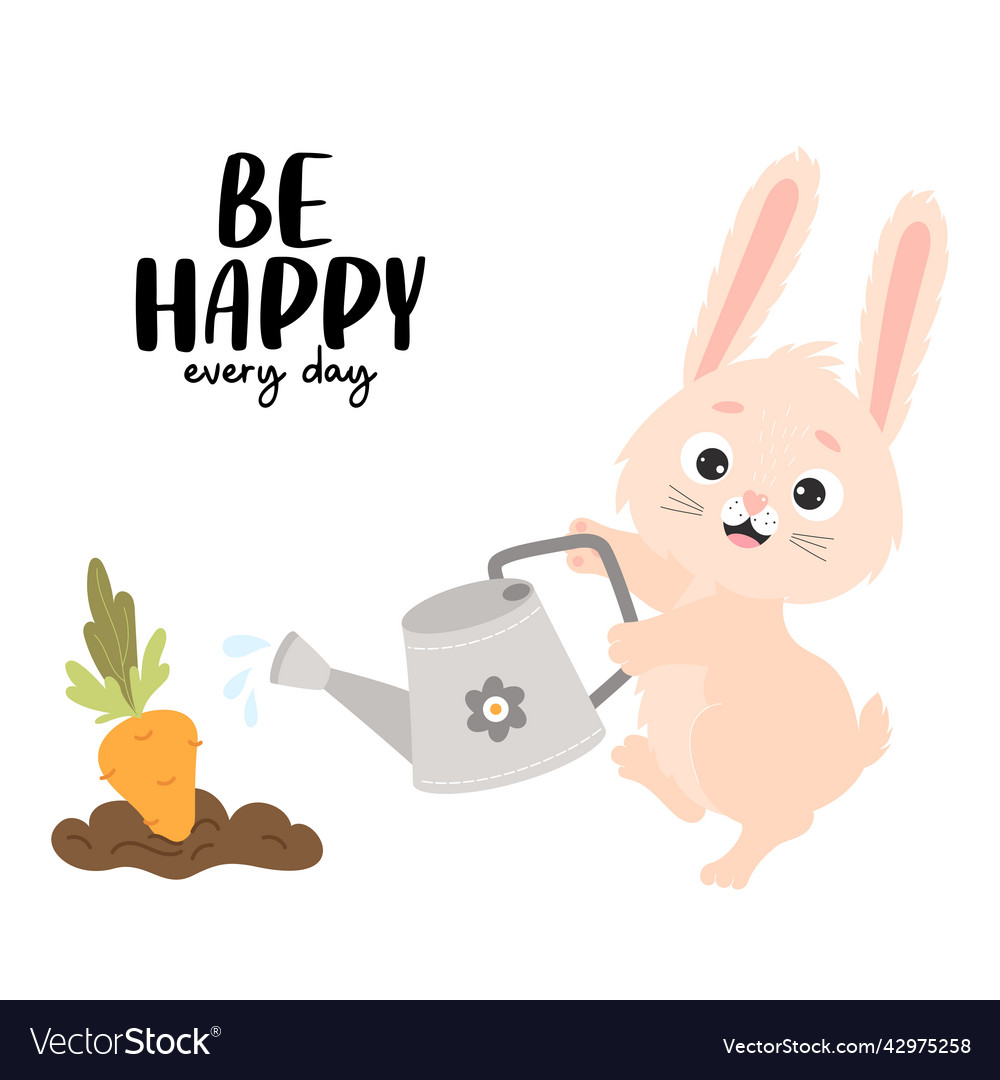 Cute rabbit waters carrots from watering can Vector Image