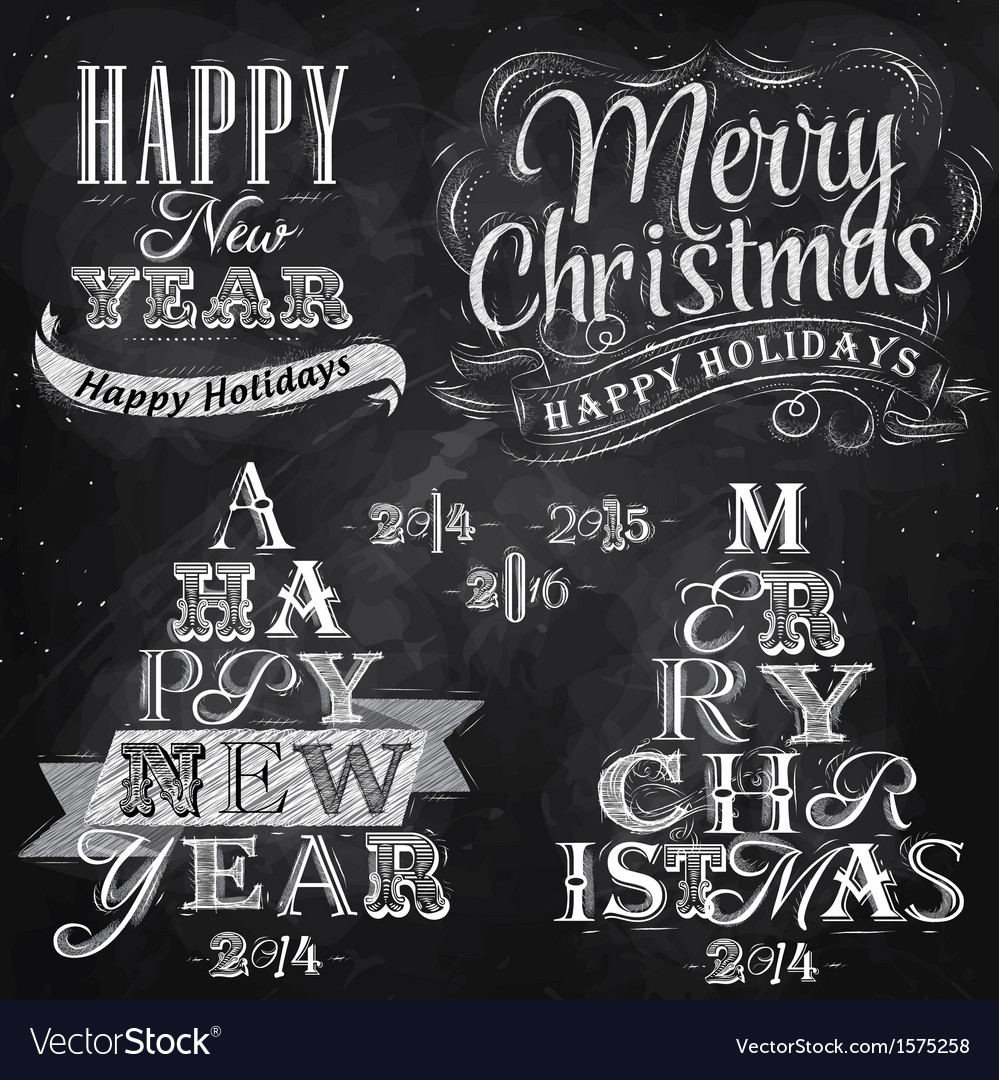 Set Merry Christmas Happy chalk Royalty Free Vector Image