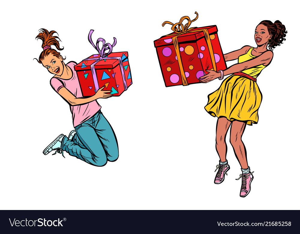 Two girls joyful with gifts Royalty Free Vector Image