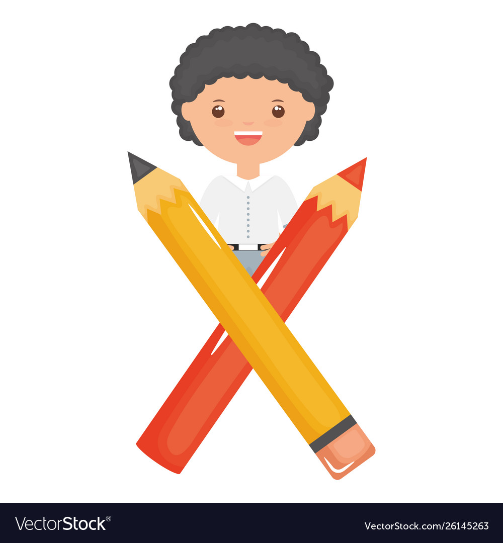 Cute little student boy with pencil and color