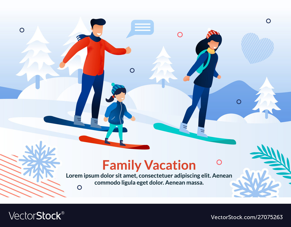 Family snowboarding on mountain ski resort poster