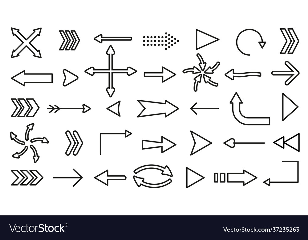 Line flat arrow cursor pointer icon set on white vector image Line flat arrow cursor pointer icon set on white