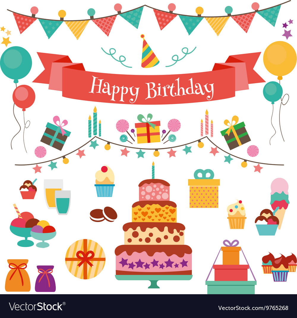 Happy birthday flat design icons set Royalty Free Vector