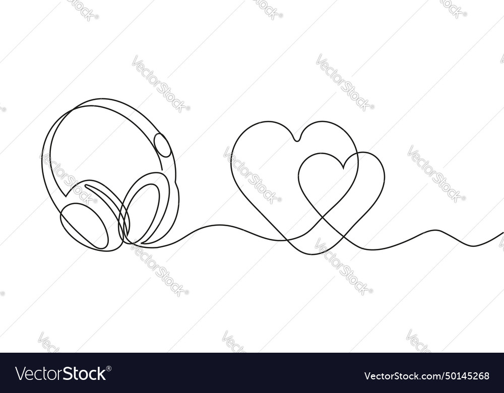 Headphone with heart in continuous line style vector image Headphone with heart in continuous line style