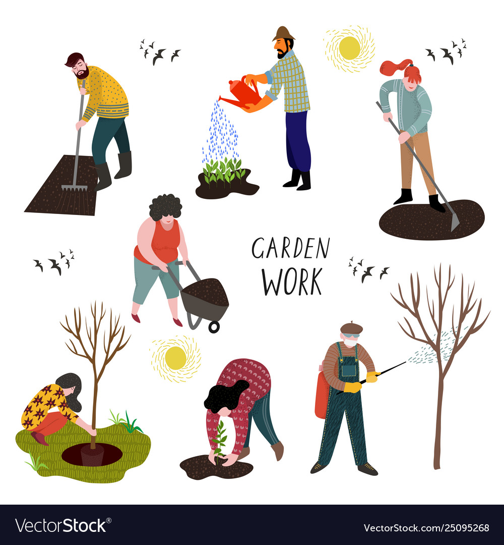 Set isolated people working in garden over Vector Image