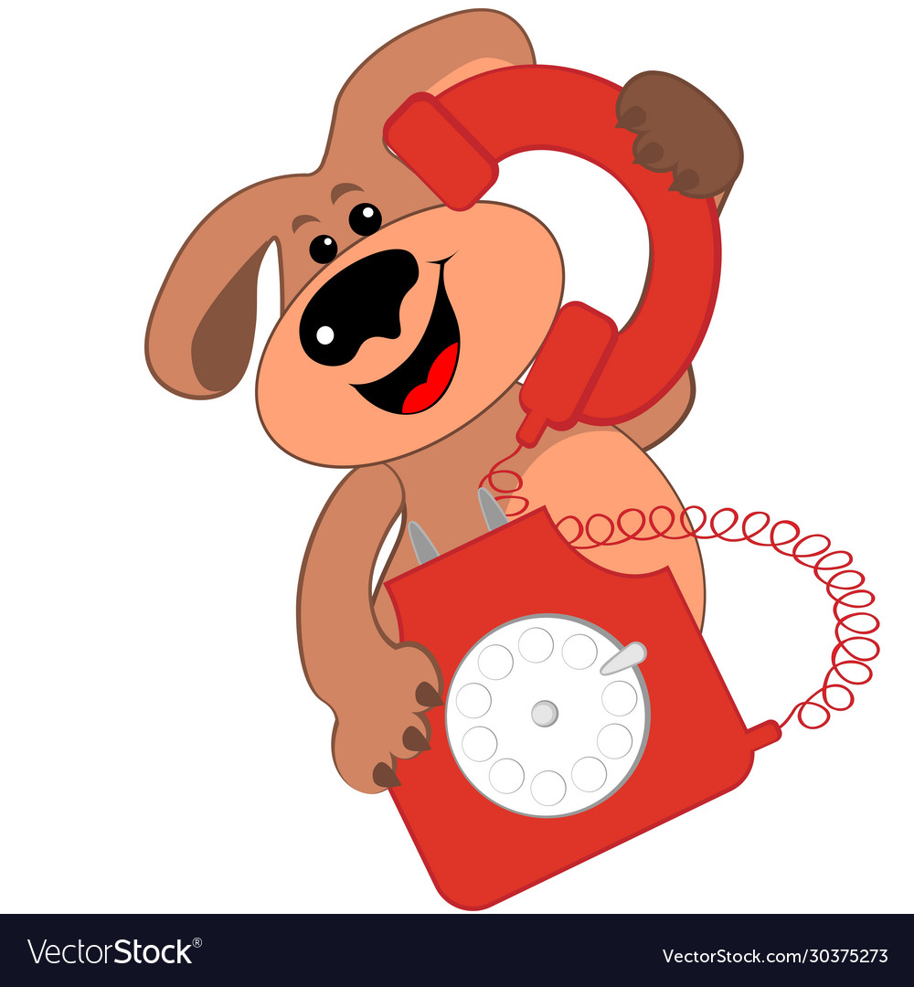 Cheerful or joyful dog talking on a rare red phone