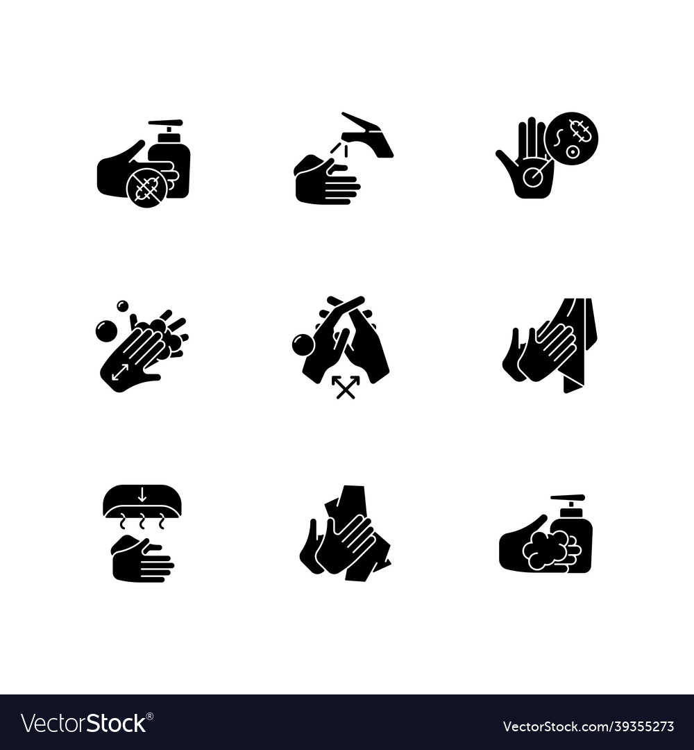 Hand Washing Steps Black Glyph Icons Set On White Vector Image