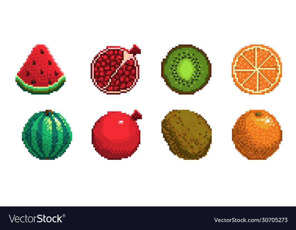 Set of pixel art fruits icon. 32x32 pixels. Vector illustration on