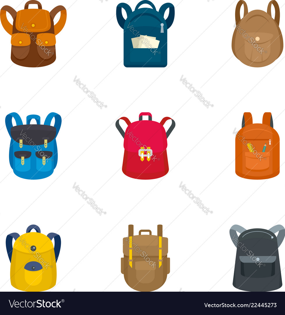 Tourist backpack icon set flat style Royalty Free Vector