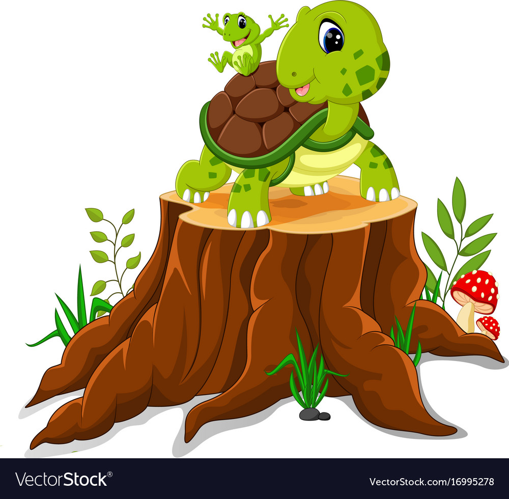 Cartoon turtle and frog posing on tree stump Vector Image