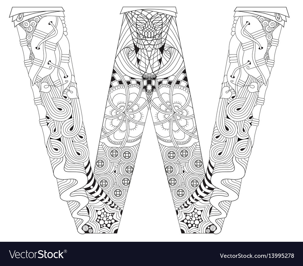 Letter W For Coloring Decorative Zentangle Vector Image
