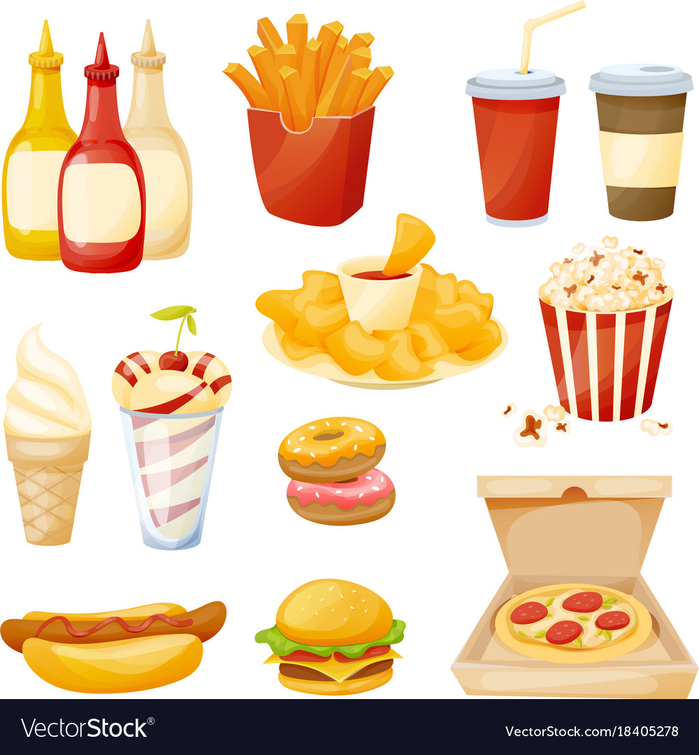 Set of delicious food sauces drinks fast food Vector Image