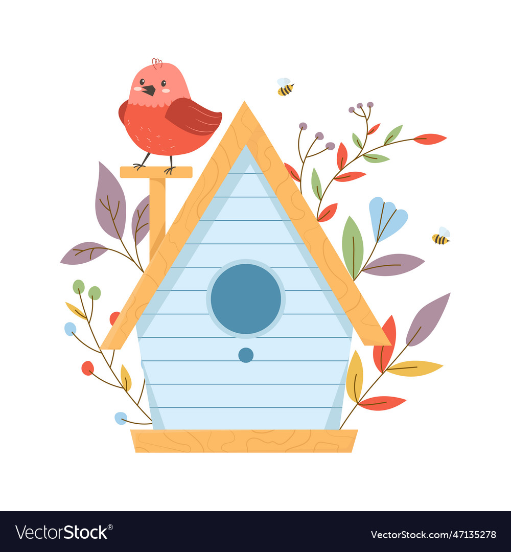 Wooden colorful birdhouse with small birds Vector Image