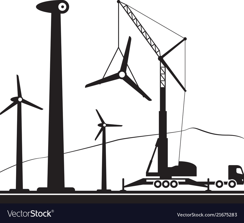 Mobile crane installing wind turbine in the field Vector Image