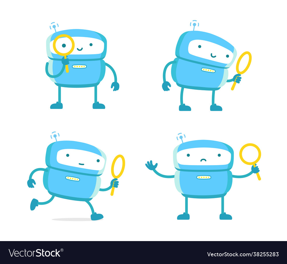 Robot with magnifying glass set loupe search Vector Image