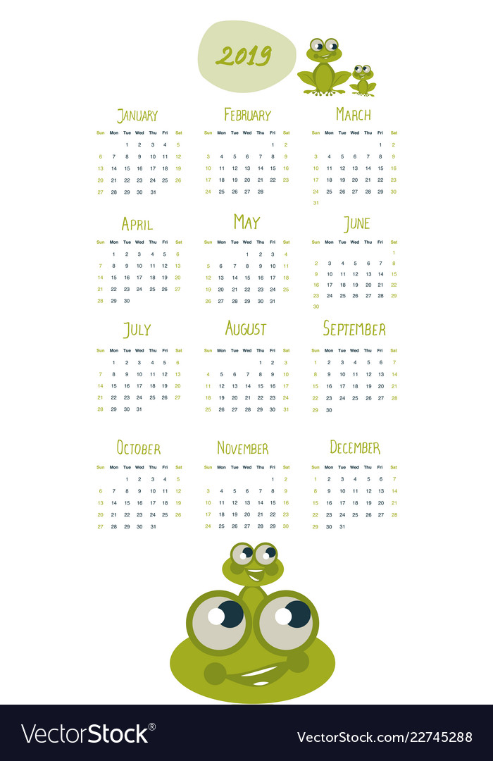 2019 cartoon style childish calendar frog