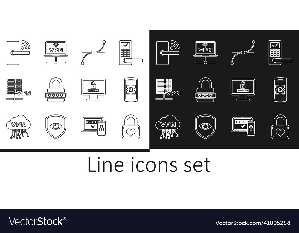 Set line padlock with heart mobile and eye scan vector image Set line padlock with heart mobile and eye scan