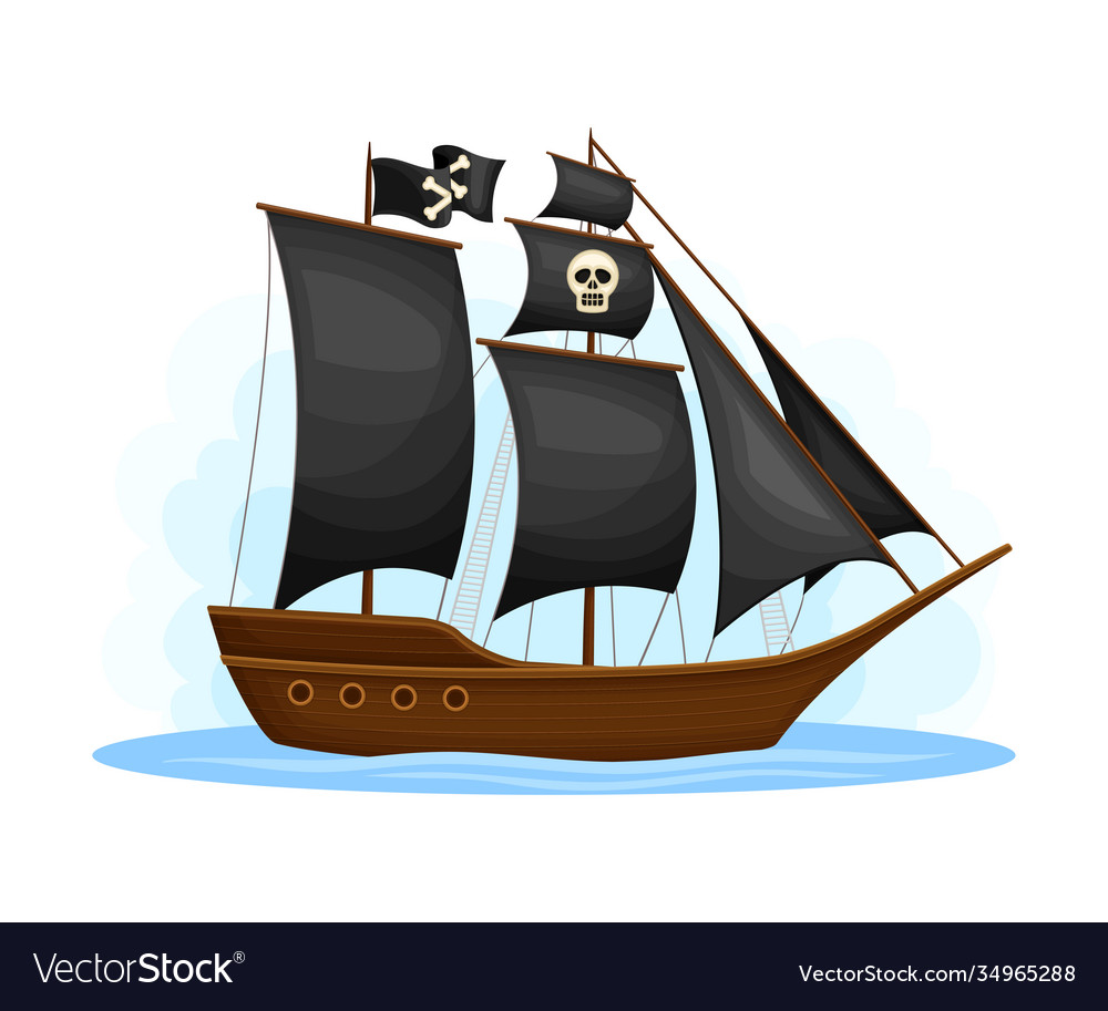 Wooden pirate ship or vessel with black sail Vector Image