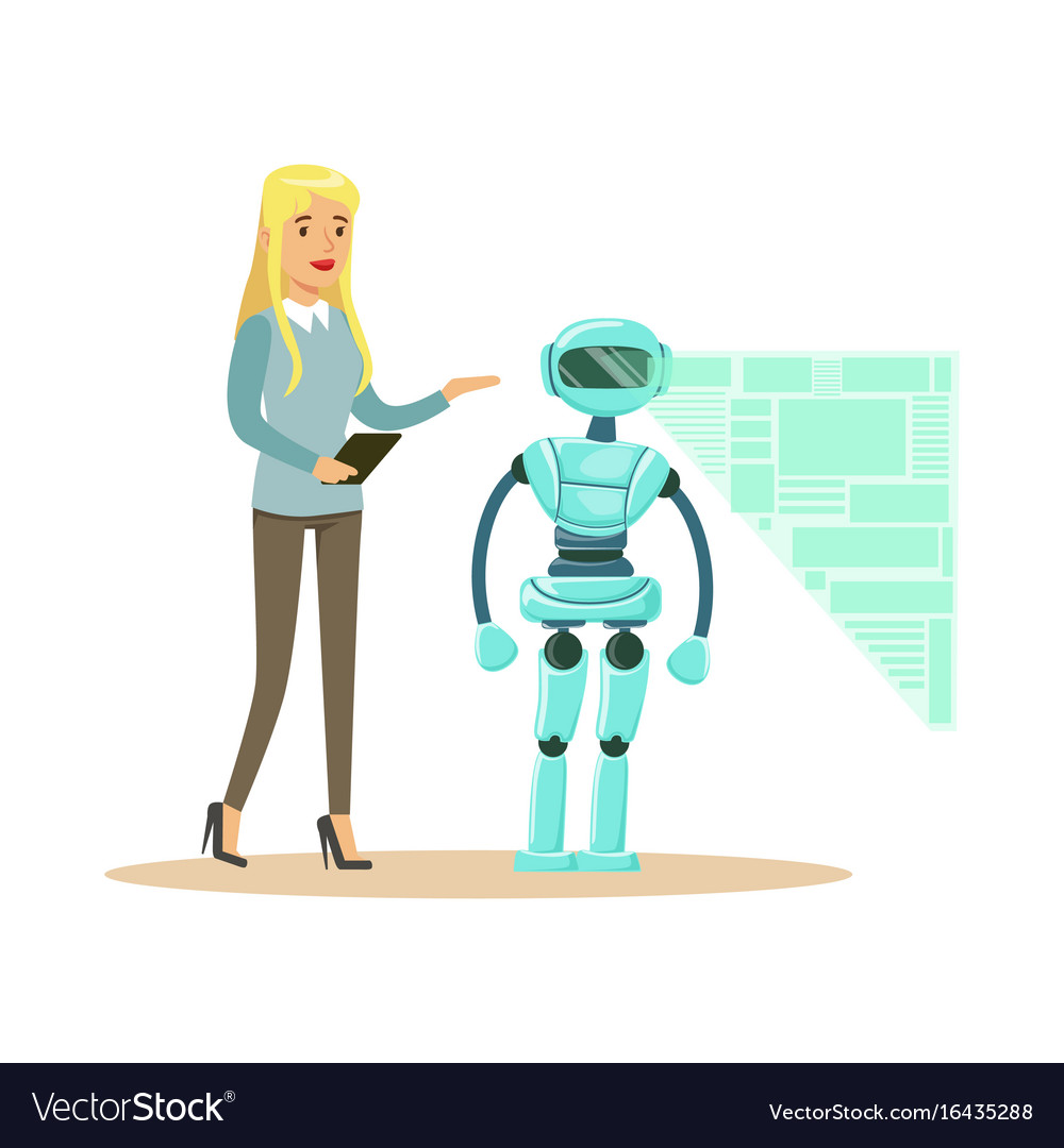 Young female engineer controlling visualization Vector Image Young female engineer controlling visualization Vector Image