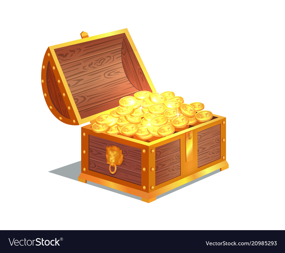 Ancient gold coins in heavy open wooden chest Vector Image, golden