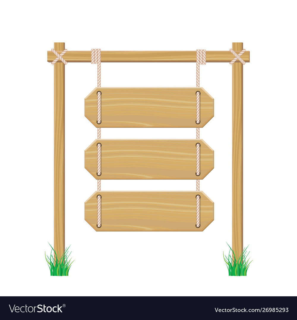 Blank wooden signboard hanging on rope isolated