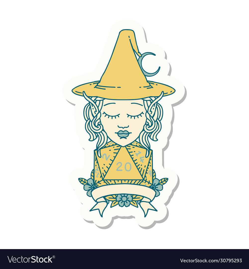 Elf mage character with natural twenty dice roll