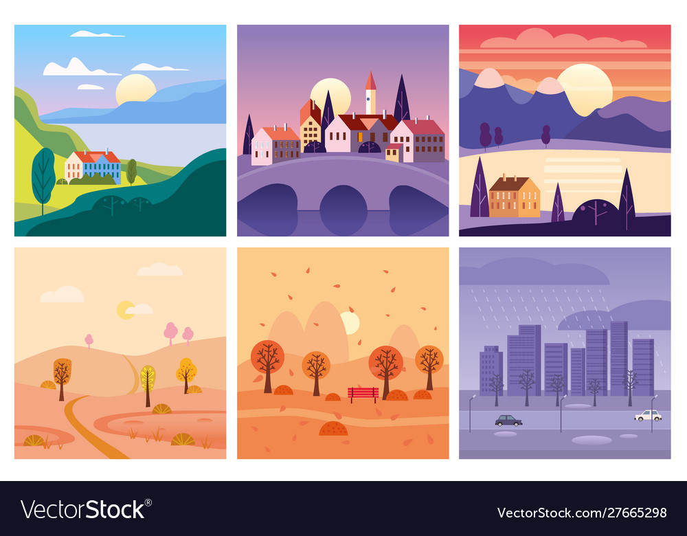 Calendar set landscape summer autumn in flat