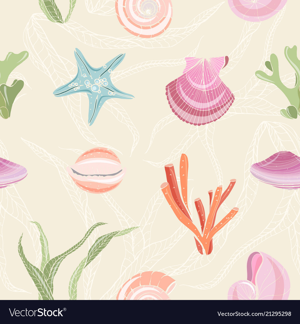 Colorful seamless pattern with seashells starfish