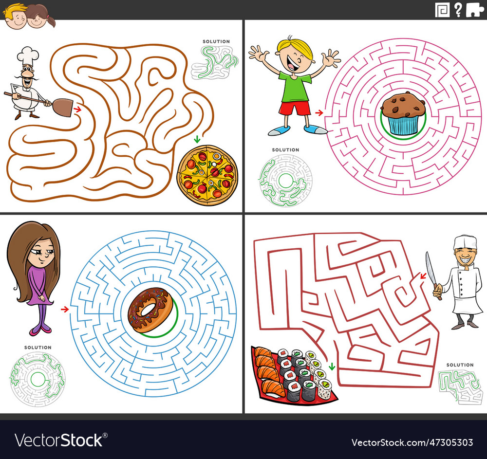 Maze activity games set with cartoon characters Vector Image