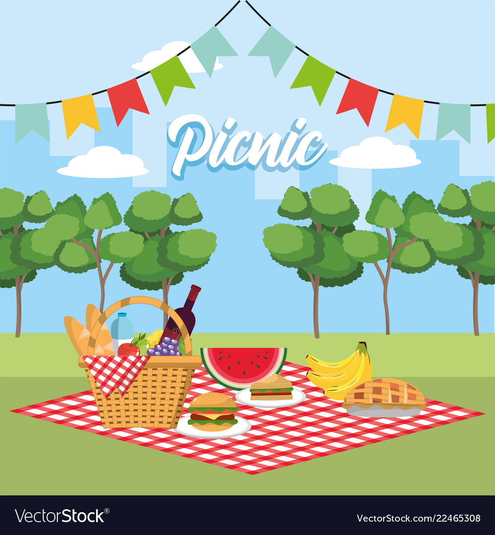 Basket with healthy fruits in tablecloth and Vector Image