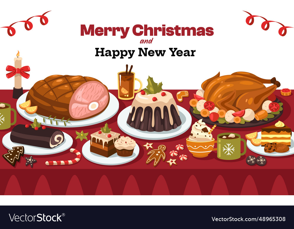 Christmas dishes on table cartoon winter holiday Vector Image