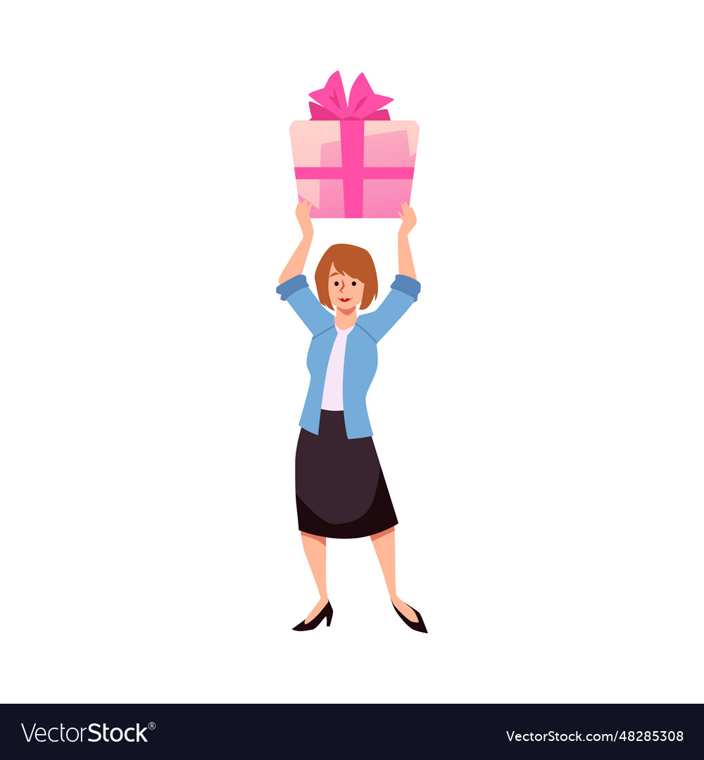 Woman with gift box above her head flat