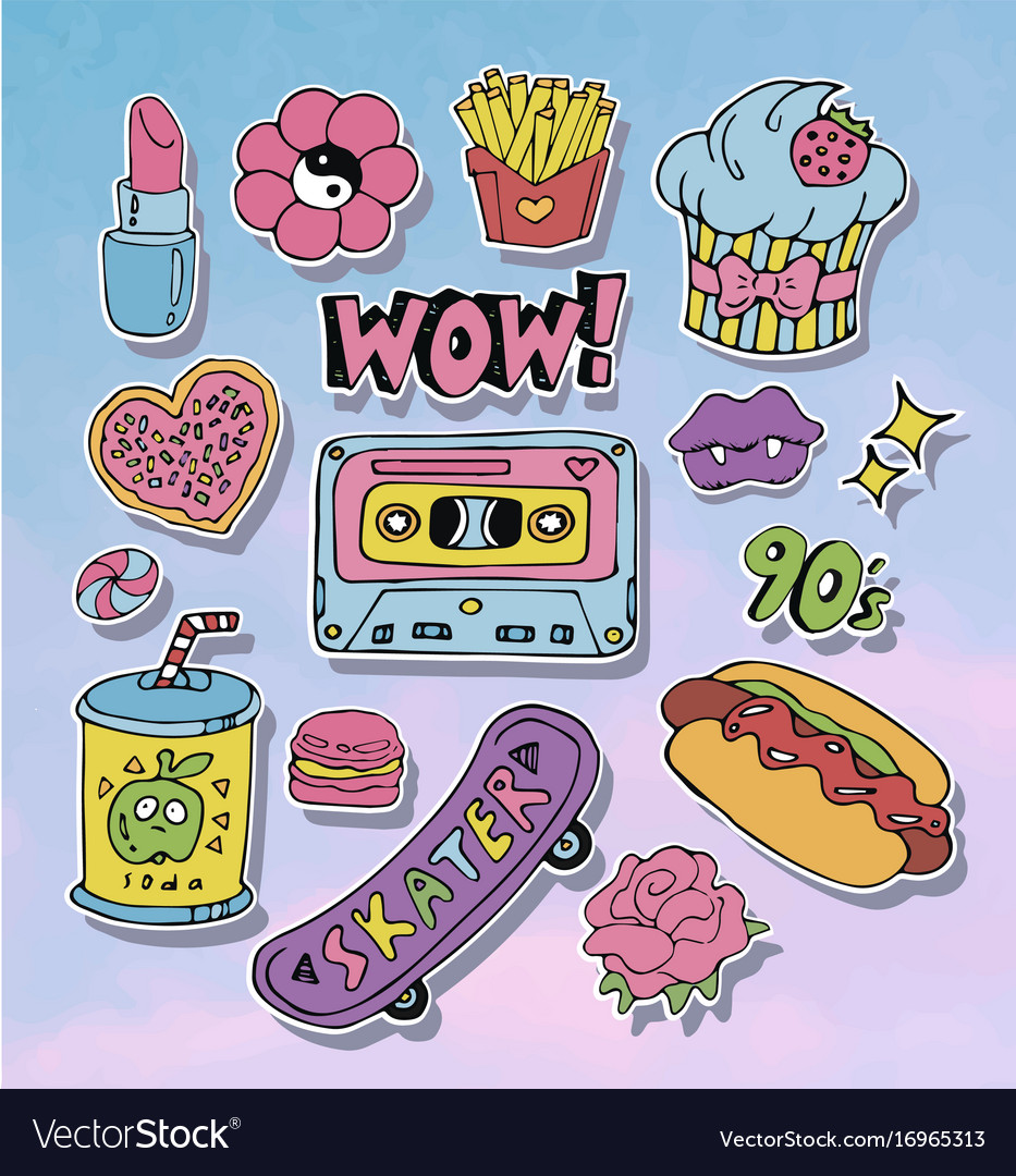 Vector Set Of Cute Template With Patches And Stickers In 90s Style