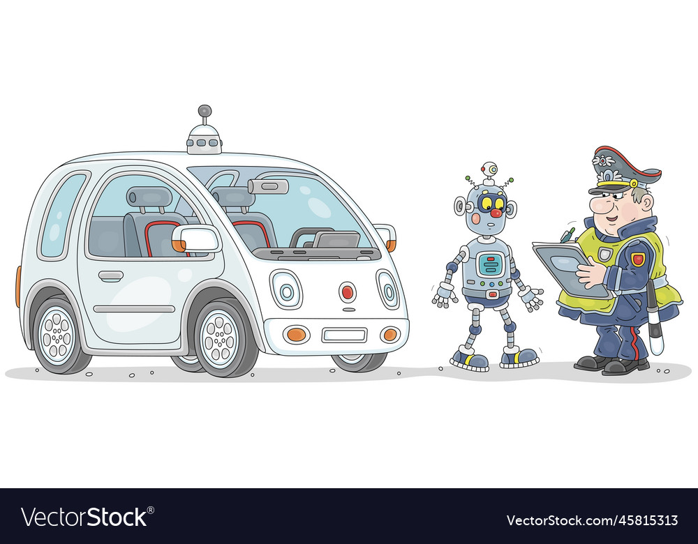 Funny traffic cop making a fine to robot driver