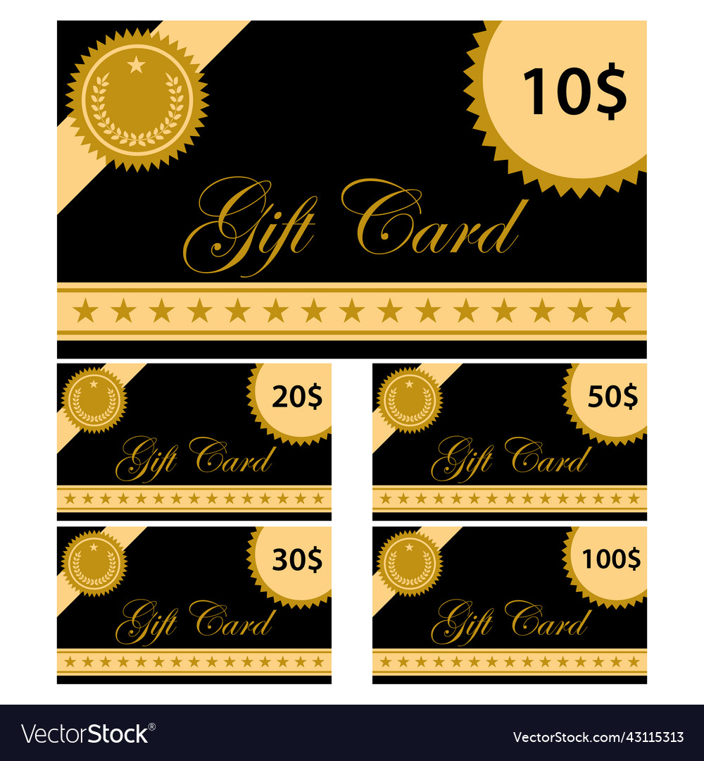 Gold and black gift cards with different amounts