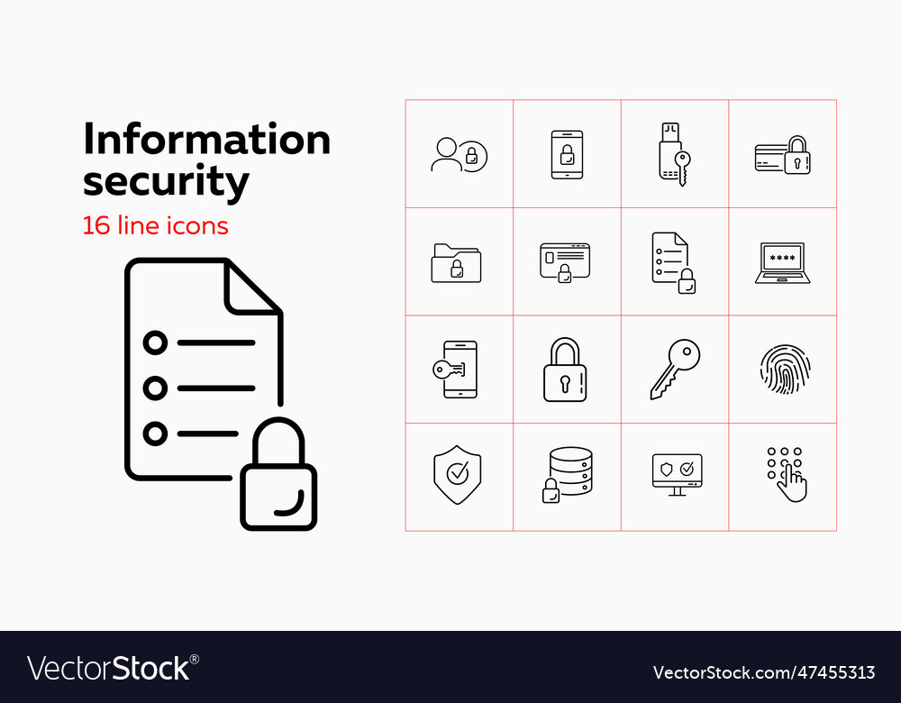 Information security line icon set key lock vector image Information security line icon set key lock