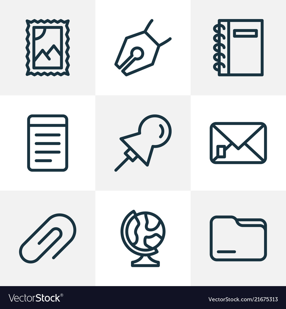Instrument icons line style set with folder globe vector image Instrument icons line style set with folder globe