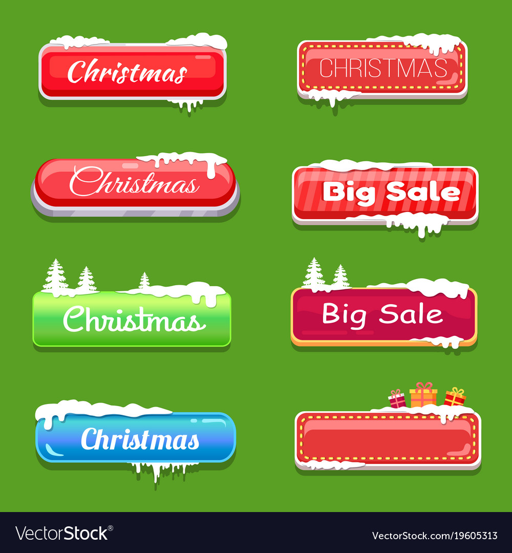 Set of winter theme web push button covered snow