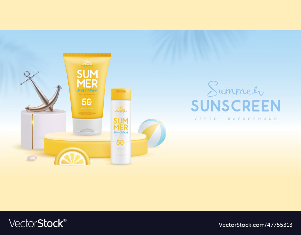 Summer background with 3d sunscreen tubes Vector Image