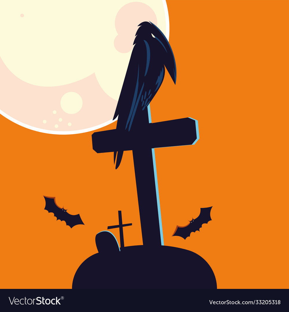 Halloween raven cartoon on grave design