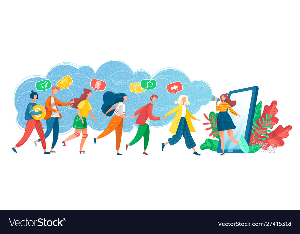 Referral marketing people walking into smartphone