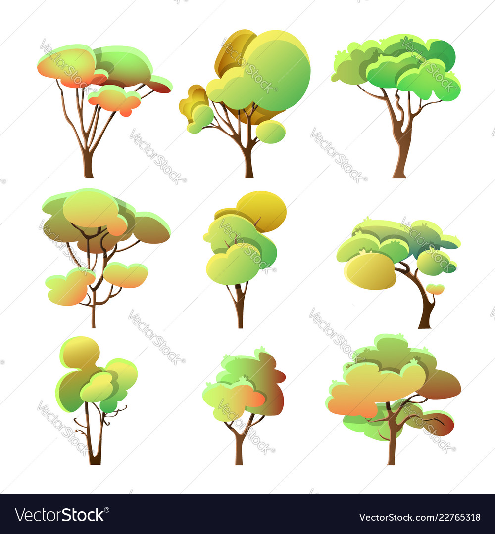 Set of colorful trees different shape with leaves