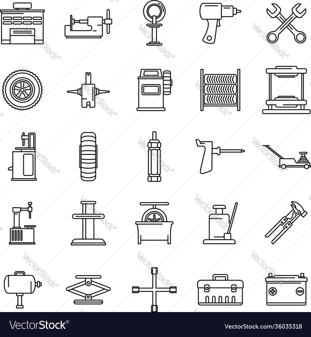 Tire fitting tool icons set outline style Vector Image