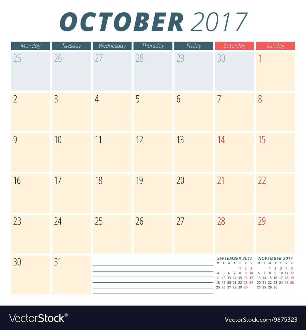 October 2017 calendar planner for year week