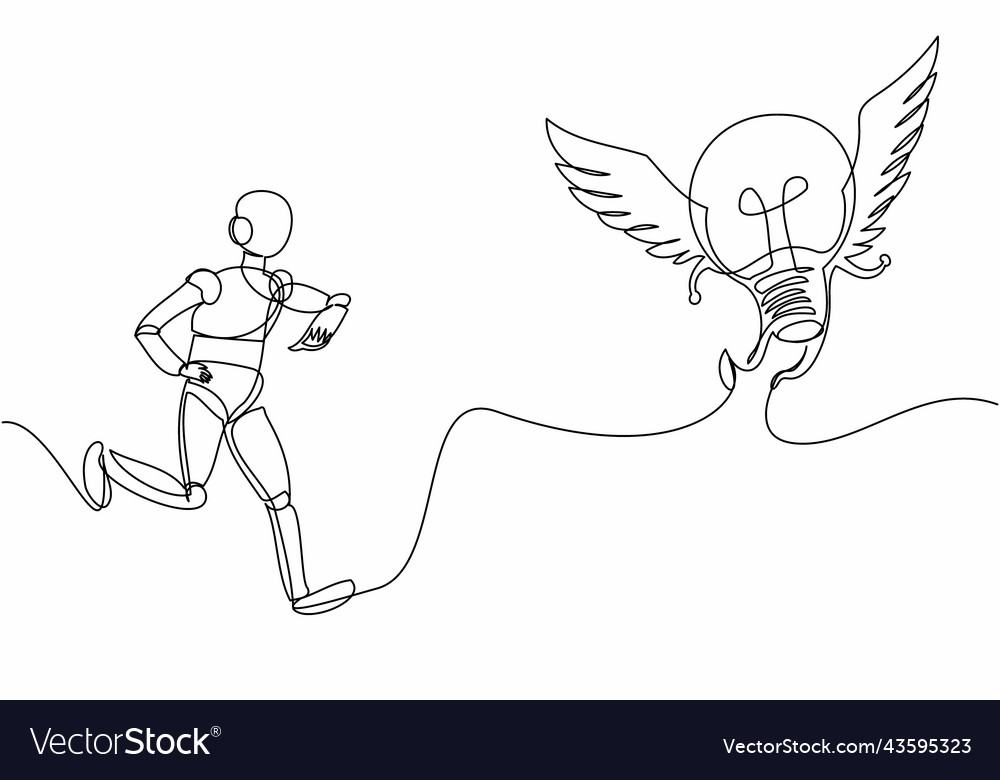 Single one line drawing robot chasing flying