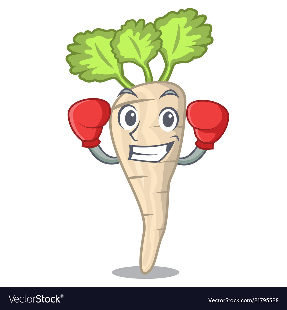 Boxing character parsnip root with leaf cartoon vector image Boxing character parsnip root with leaf cartoon