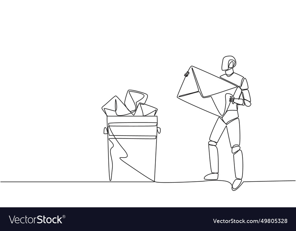 Single one line drawing robot throw large Vector Image